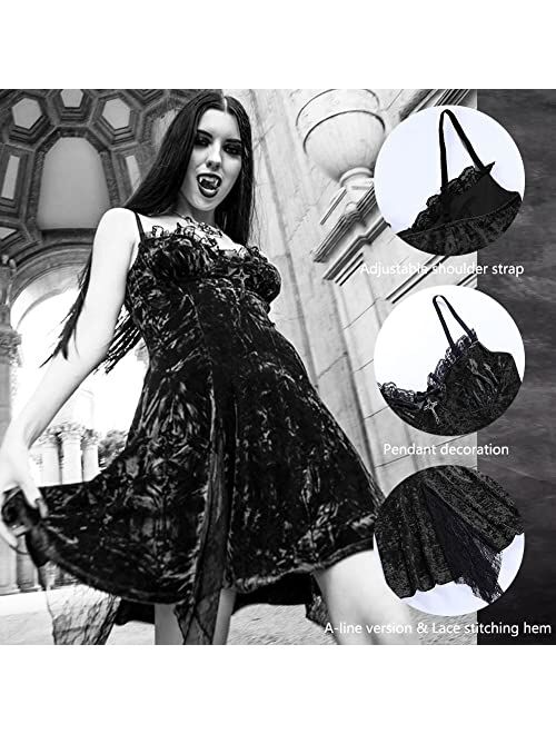 MAGICSHE Goth Dress for Women Gothic Dresses A-Line Velvet Dresses Lace Emo Dress Gothic Stretchy Sexy Slip Dress
