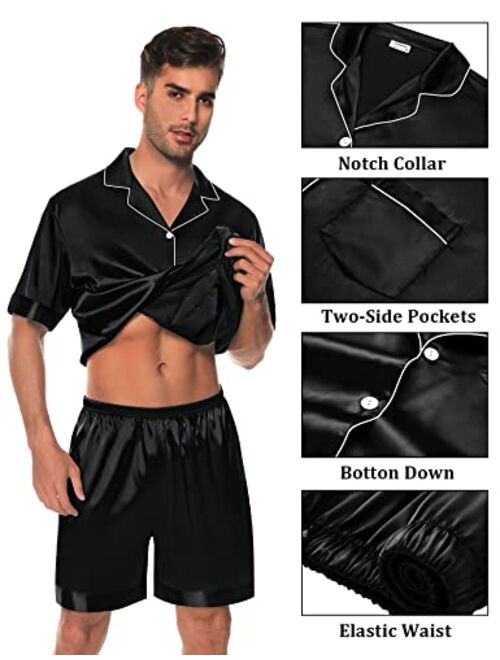 SWOMOG Mens Satin Pajamas Set 2 Piece Pj Button Down Loungewear 2 Piece Set Comfy Sleepwear with Shorts