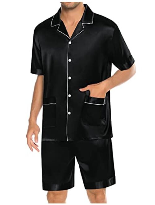 SWOMOG Mens Satin Pajamas Set 2 Piece Pj Button Down Loungewear 2 Piece Set Comfy Sleepwear with Shorts