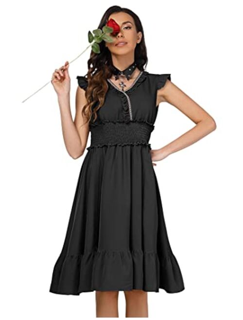 KOJOOIN Women's Renaissance Dress V Neck Smocked Vintage Dress Steampunk Gothic Dress