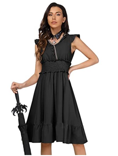 KOJOOIN Women's Renaissance Dress V Neck Smocked Vintage Dress Steampunk Gothic Dress