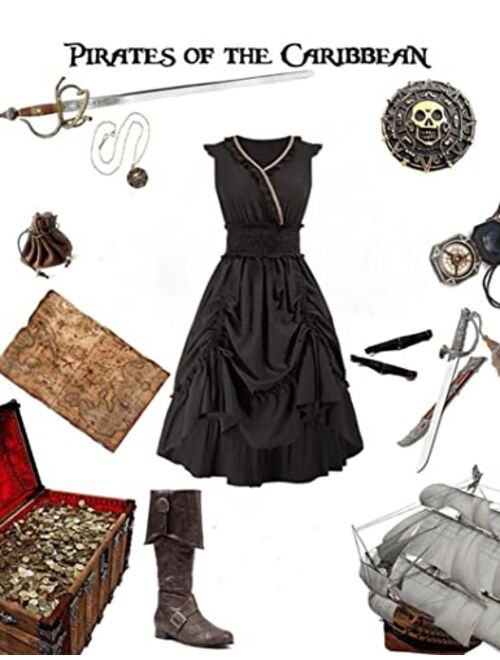 KOJOOIN Women's Renaissance Dress V Neck Smocked Vintage Dress Steampunk Gothic Dress