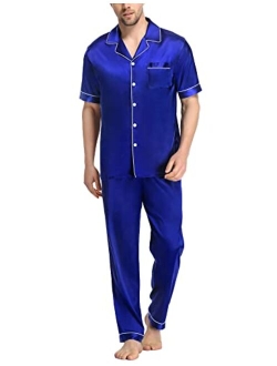 SWOMOG Men's Silk Satin Pajama Set Short Sleeve Classic Sleepwear Button Down Loungewear with Long Pants