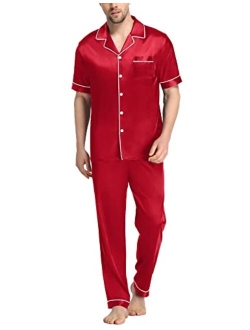 SWOMOG Men's Silk Satin Pajama Set Short Sleeve Classic Sleepwear Button Down Loungewear with Long Pants