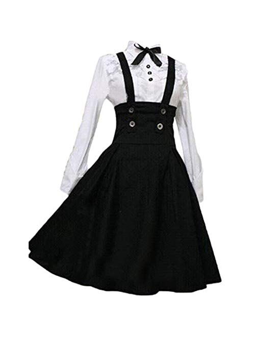 Jeufoin Women's Black Lolita Dress Overalls Plus Size A Line High Waist Brace Skirt Set Anime Maid Outfits Halloween Cosplay Costume