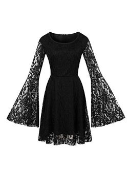 Wellwits Women's Flare Sleeves Lace Witchy Gothic 40s 50s Retro Vintage Dress