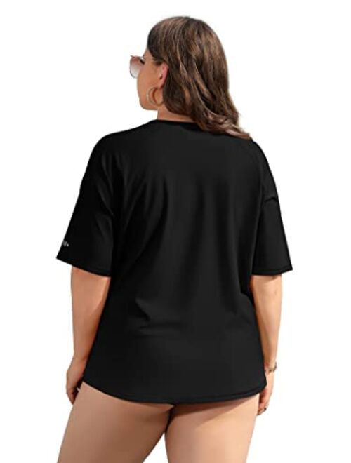 ATTRACO Plus Size Rash Guard for Women Short Sleeve UPF 50 Swim Shirt Floral Print