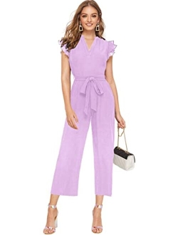 Women's Layered Ruffle Cap Sleeve Notched V Neck Belted Jumpsuit Pants