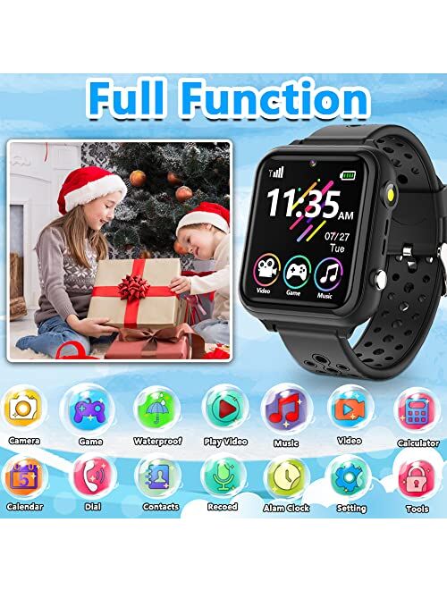 OVV Waterproof Kids Smart Watch for Boys Girls Ages 4-12 with 16 Games Video Camera Music Player Call 12/24 Hr Clock Flashlight Calculator HD Touch Screen Children Learni