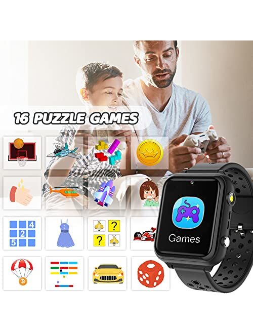 OVV Waterproof Kids Smart Watch for Boys Girls Ages 4-12 with 16 Games Video Camera Music Player Call 12/24 Hr Clock Flashlight Calculator HD Touch Screen Children Learni