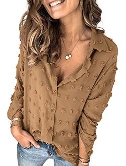 Hount Womens Button Down V Neck Long Sleeve Shirts Casual Pom Poms Blouse Work Tops