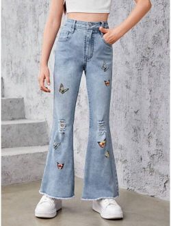 Girls Butterfly Print Ripped Flare Leg Jeans