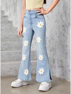 Girls Floral Print Split Hem Flare Leg Jeans