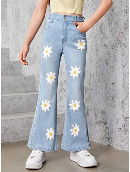 Shein Girls Floral Print Split Hem Flare Leg Jeans