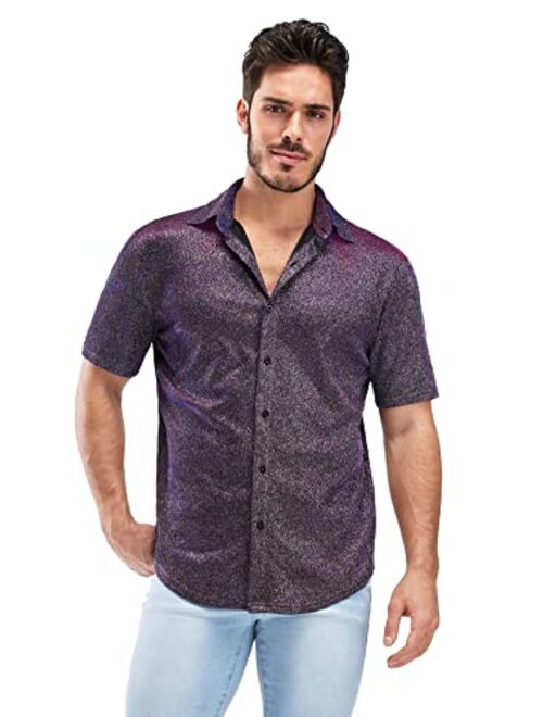 OYOANGLE Men's Silk Short Sleeve Dress Shirts Satin Button Up Collared Shirts