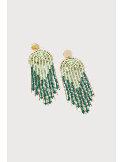 Fabulous Stance Green and Gold Beaded Fringe Statement Earrings