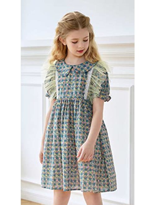 SMILING PINKER Little Girls Ditsy Floral Dress Vintage Peter Pan Collar Puff Sleeves Tulle Ruffle Party Dresses