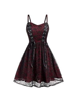 Yevin Gothic Clothes Punk Halloween Lace Skeleton Net Sleeveless Strap Drawstring Goth Clothes for Women and GirlWinered