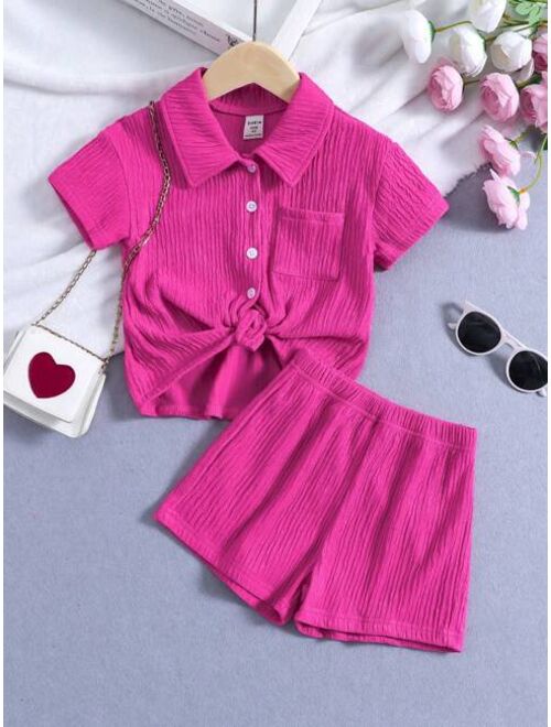SHEIN Toddler Girls Pocket Patched Shirt & Shorts