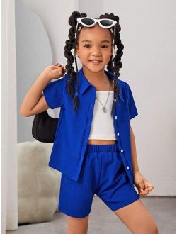 Toddler Girls Button Front Shirt & Cami Top & Shorts Set