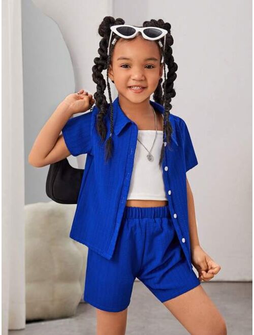 SHEIN Toddler Girls Button Front Shirt & Cami Top & Shorts Set