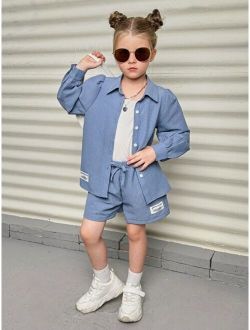 Young Girls' Loose Fit 2pcs/set Woven Long Sleeve Shirt With Decorative Button Placket Collar And Elastic Waist Shorts