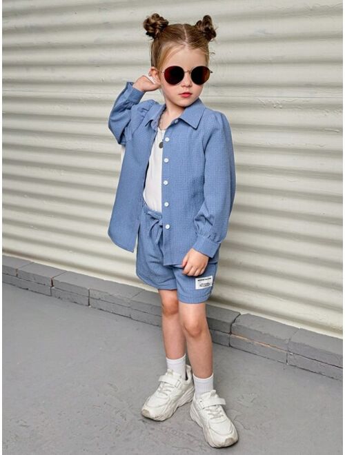 SHEIN Young Girls' Loose Fit 2pcs/set Woven Long Sleeve Shirt With Decorative Button Placket Collar And Elastic Waist Shorts