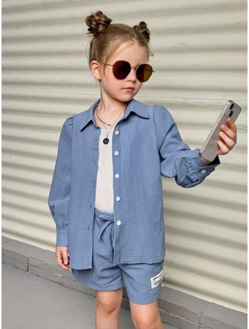 SHEIN Young Girls' Loose Fit 2pcs/set Woven Long Sleeve Shirt With Decorative Button Placket Collar And Elastic Waist Shorts