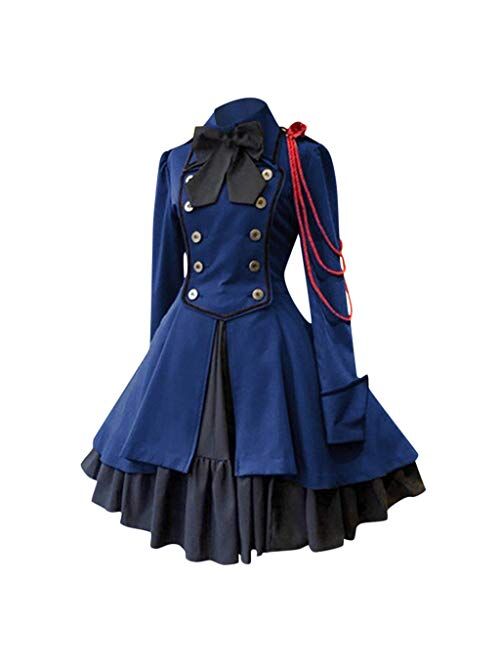 Shopessa Womens Lolita Gothic Dress with Vintage Bow Ruffle Steampunk Dress Long Sleeve Short Renaissance Dress Cosplay