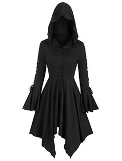 FEOYA Women Dark Gothic Dress Victorian Viking Pirate Hooded Cloak Dresses Robe with Lace Up Bell Sleeve
