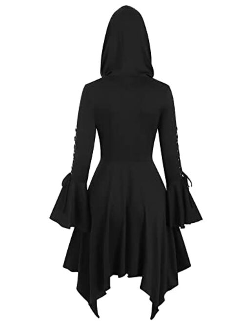 FEOYA Women Dark Gothic Dress Victorian Viking Pirate Hooded Cloak Dresses Robe with Lace Up Bell Sleeve