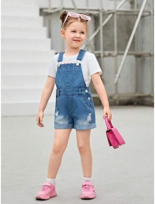 Shein Toddler Girls Ripped Roll Up Hem Overall Romper Without Tee