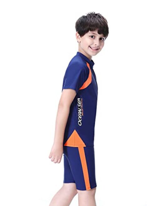 Kid1234 Boys Swimsuits UPF50+UV Swimwear Set Two Piece Rash Guard with Hat for Kids 4-14 Years