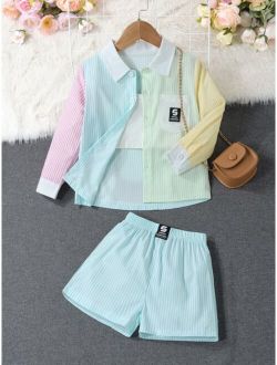 Toddler Girls Striped & Letter Patched Detail Shirt & Shorts without Cami Top
