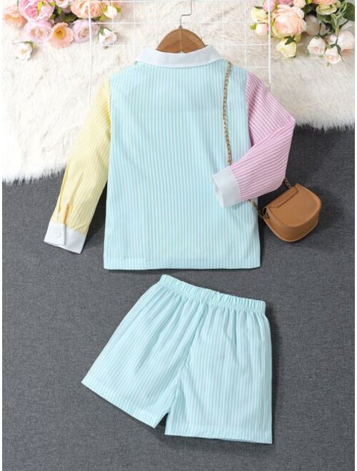 Shein Toddler Girls Striped & Letter Patched Detail Shirt & Shorts without Cami Top