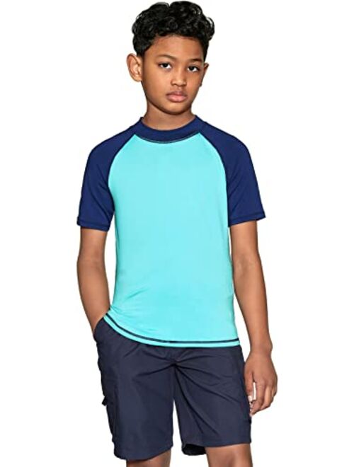 TSLA UPF 50+ Youth Kids Rash Guard Short Sleeve, UV/SPF Surf Swim Shirt, Aqua Water Swimsuit Top
