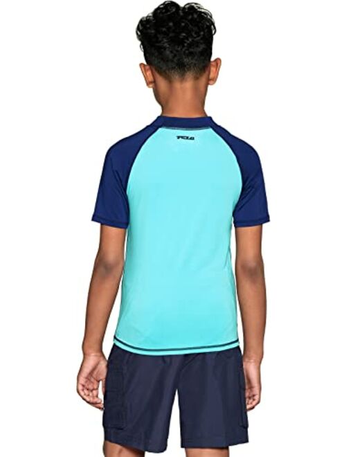 TSLA UPF 50+ Youth Kids Rash Guard Short Sleeve, UV/SPF Surf Swim Shirt, Aqua Water Swimsuit Top