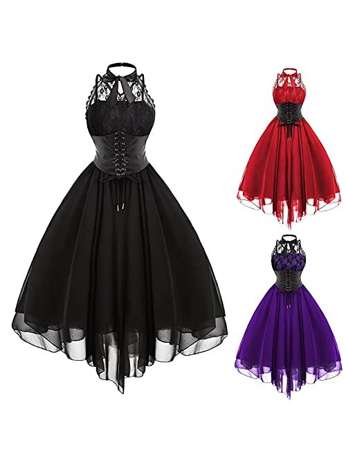 SHOPESSA Women's Sleeveless Gothic Dress with Corset Halter Lace Swing Cocktail Dress Formal Halloween Punk Hippie Dresses