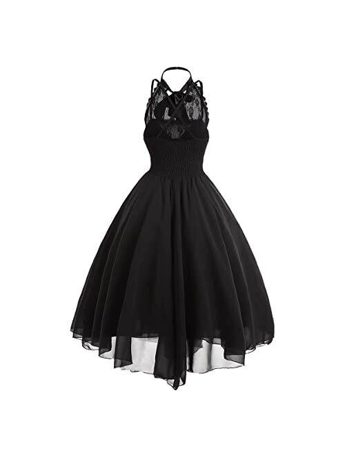 Odizli Women's Sleeveless/Long Sleeves Gothic Dress with Corset Halter Lace Swing Cocktail Dress