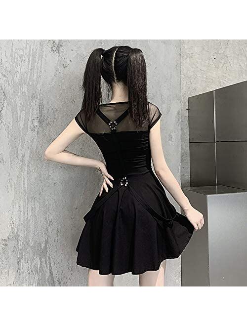 Byvheh Dark Gothic Punk Black Dresses Harajuku High Waist Aesthetic Vintage Chic Strap Backless Summer Split Dress