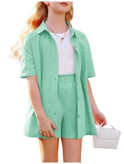 Flypigs Girls 2 Piece Outfits Cotton Linen Set Button Down Short Sleeve Collared Shirt and Casual Shorts Set