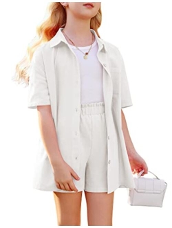 Flypigs Girls 2 Piece Outfits Cotton Linen Set Button Down Short Sleeve Collared Shirt and Casual Shorts Set