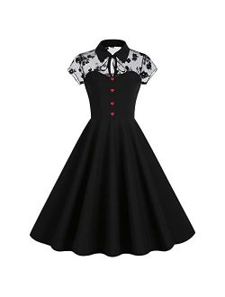 Iwemek Women Mesh Floral Embroidery Vintage Cocktail Swing Dress Illusion 50s Goth Flared A line Casual Wedding Prom Evening Dress