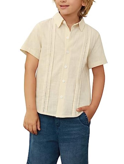 Hestenve Kid Boys Button Down Cotton Linen Shirt Casual Summer Short Sleeve Dress Shirt