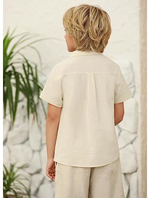 Hestenve Kid Boys Button Down Cotton Linen Shirt Casual Summer Short Sleeve Dress Shirt