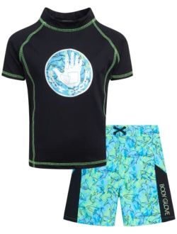 Boys Rash Guard Set UPF 50  Short Sleeve Swim Shirt and Bathing Suit Trunks Swimwear Set for Boys (4-12)