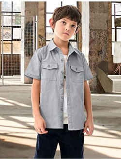 Boys' Short Sleeve Button Down Woven Shirts Formal Uniform Solid Dress Shirt with Two Pockets for 3-11 Years Kids