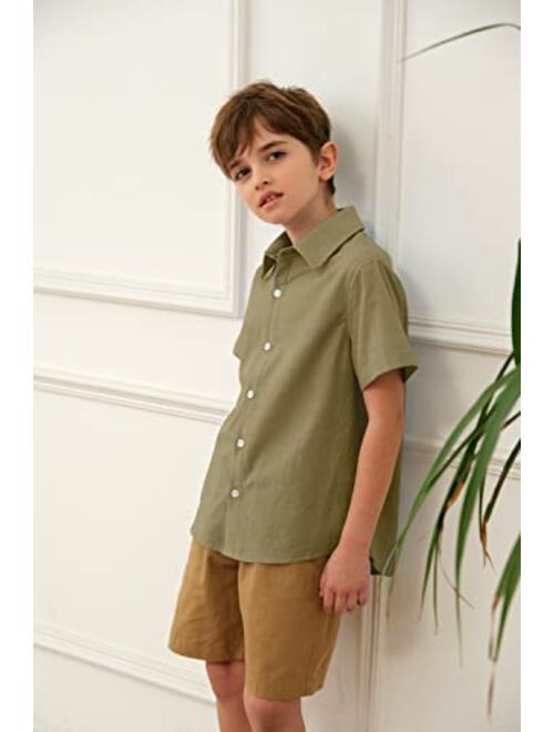 Simtuor Boys' Button Down Dress Shirts Classic Collared Summer Short Sleeve Tshirt Solid Cotton Tops