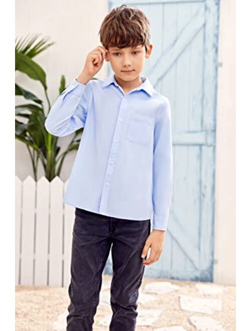 SySea Boy's Long Sleeve Button Down Dress Shirt Cotton Solid Uniform Shirts with Chest Pocket 5-14 Years