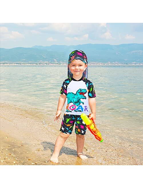 Pamaid Boys Two Piece Rash Guard Swimsuits Kids Short Sleeve Swimwear Sets Bathing Suit with Sun Hat for 2-6 Years